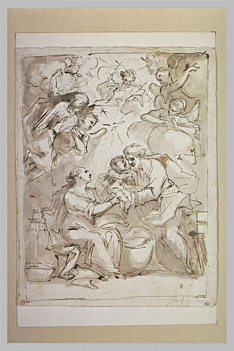 La Vierge et saint Joseph tenant l'Enfant Jésus au-dessus du berceau_0