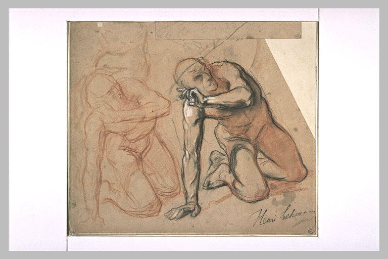 Etudes d'un homme nu, agenouillé sur le sol_0