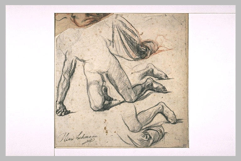 Feuille d'études avec une figure nue, reprises de jambes, et croquis de plis_0