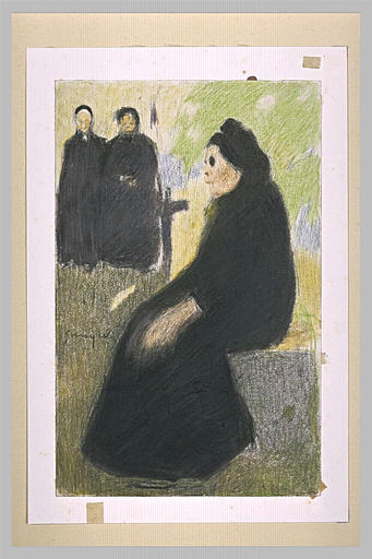 Au Cimetière : femme vêtue de noir, assise, et deux autres, au loin, debout_0