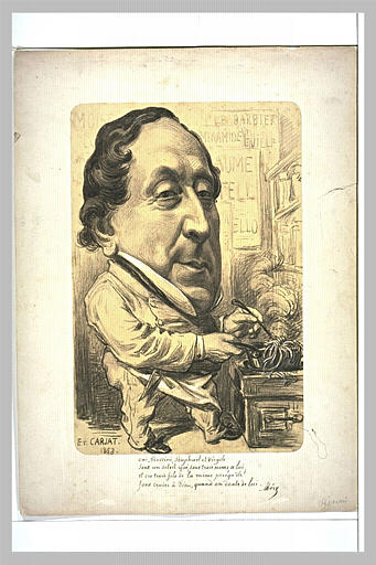 Portrait-charge de Rossini, avec une tête énorme sur un petit corps_0