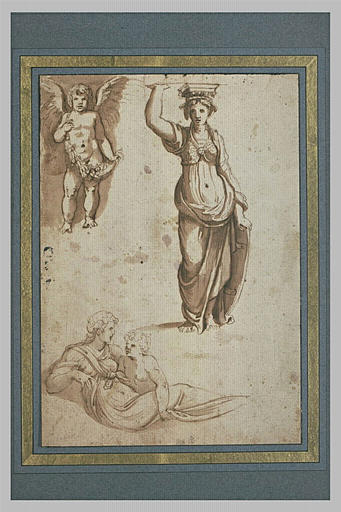 Enfant ailé avec une guirlande ; cariatide ; femme drapée avec un enfant_0