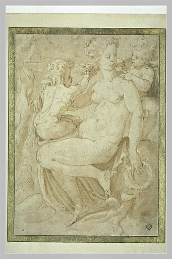 Une femme nue assise entre deux putti_0