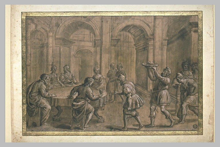 Serviteurs apportant des mets à des personnages attablés_0