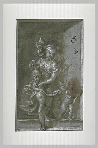 Deux enfants, et une femme tenant un vase_0