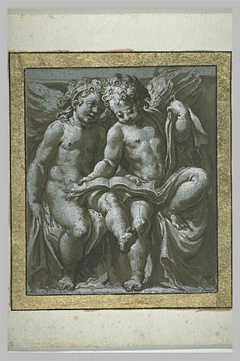 Deux anges assis sur des draperies lisant un livre_0