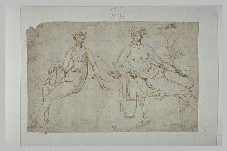 Deux femmes nues, l'une tenant un vase renversé, et l'autre une branche_0