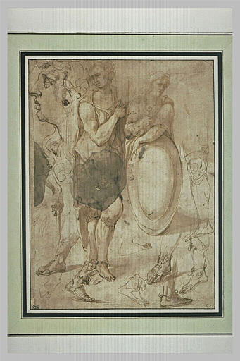 Etudes : tête, figure debout, figure avec un bouclier, pieds et jambes_0