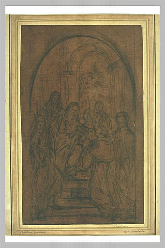 La Vierge assise, tenant l'Enfant sur ses genoux, entourée de religieux_0