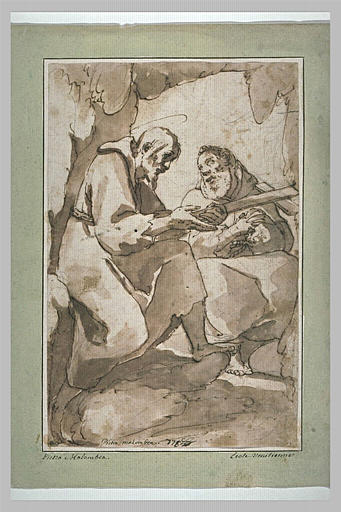 Saint François et un religieux assis dans une grotte méditant_0