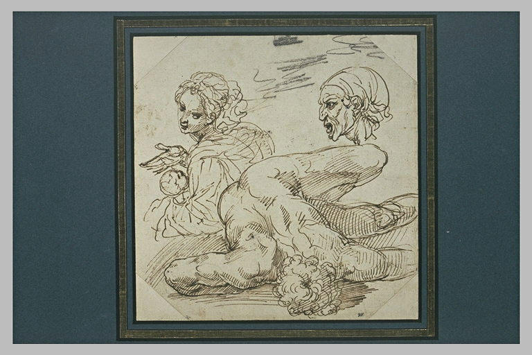 Etudes : femme et enfant ; profil de femme ; homme étendu, vu du dessus_0