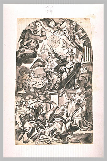 Un religieux tenant un livre et montrant le monogramme du Christ_0