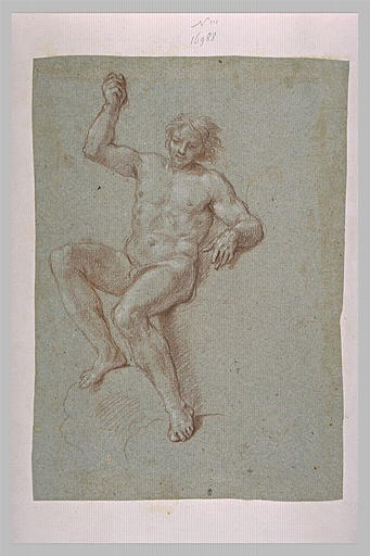 Homme nu, assis, levant le bras droit_0