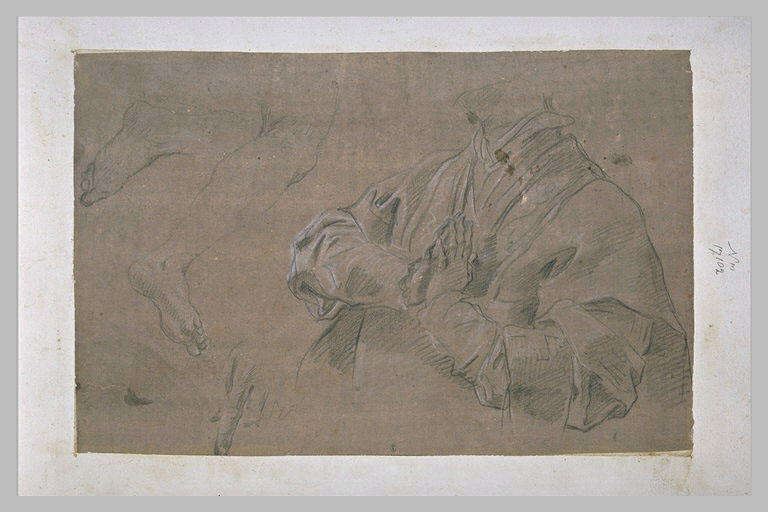 Feuille d'études : demi-figure les mains jointes, jambes nues, main_0