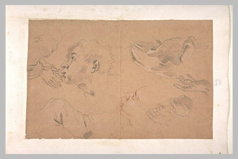 Etudes de draperie, trois mains, deux têtes de noirs_0