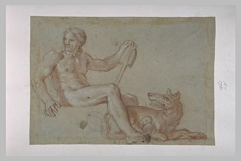 Romulus nu assis, tenant une bêche, et la Louve nourrissant Remus et Romulus_0