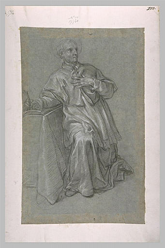 Un saint prêtre assis près d'une table avec un livre semblant écrire_0