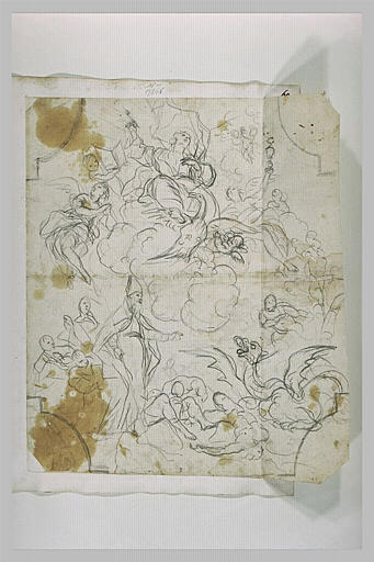 Dragon, évêque et figure allégorique sur des nuages, entourée d'anges_0