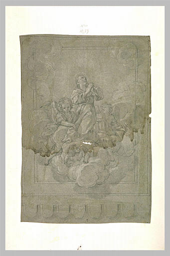 Un saint à genoux sur des nuages porté par des anges_0