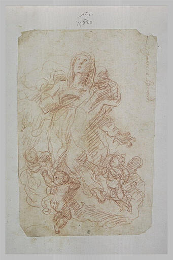 Une sainte à genoux sur des nuages, portés par des anges_0