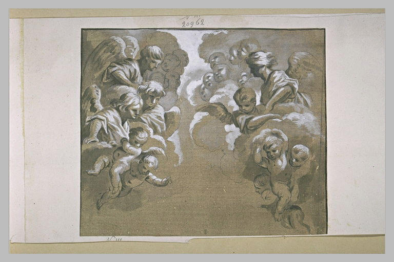 Groupe d'anges sur des nuages regardant vers le bas_0