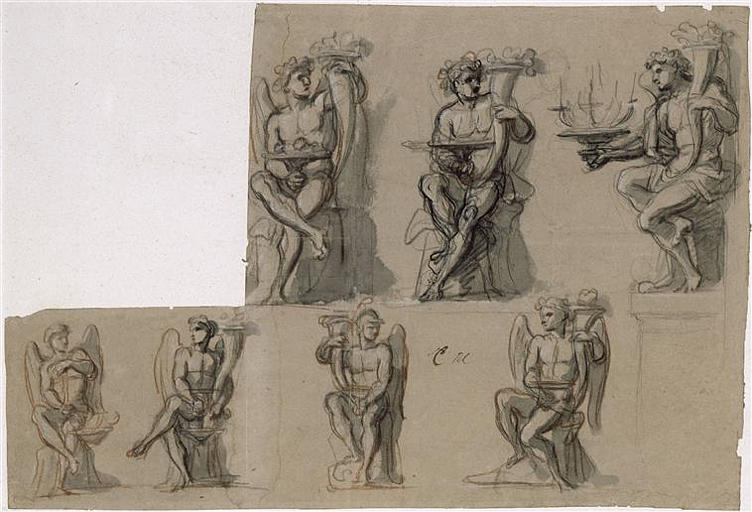 Figures ailées, assises ; Projets pour le décor du salon Octogone de l'Appartement des Bains de Louis XIV à Versailles: dessins pour 7 des 12 statues d'éphèbe symbolisant les douze mois de l'année- en métal doré portant des torchères en forme de corne d'abondance (autre titre)_0