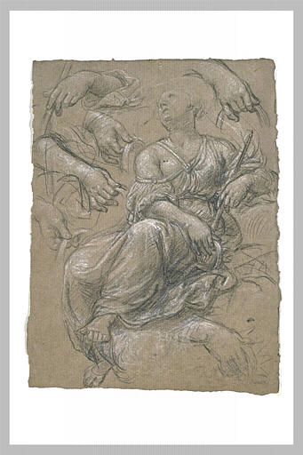 Femme assise, tournée vers la gauche : Melpomène ; reprises des mains_0
