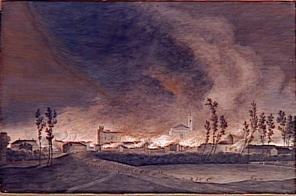 Vue du bourg de Binasco, 25 Mai 1796 ; Incendie du bourg de Binasco par les troupes françaises le 25 mai 1796 (autre titre), Morel, 1796