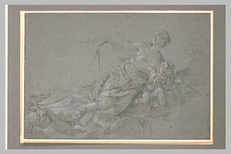 Diane, à demi-couchée sur des nuages, tenant des chiens en laisse_0