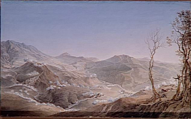 Campagnes du général Bonaparte en Italie : vue du village de la Ferrara, ... ; Vue du village de la Ferrara et du torrent du Ri, avec les monts Baldo, serbiole et Albare où une division de l'armée française repousse les attaques de l'armée autrichienne, et se maintient jusqu'à ce que le général Bonaparte arrive avec son armée dans le bassin de Rivoli le 12 janvier 1797 (autre titre)_0