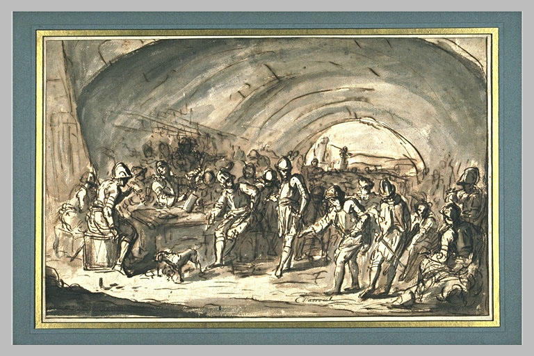 Halte de soldats sous une voûte. Certains attablés et d'autres jouant..._0