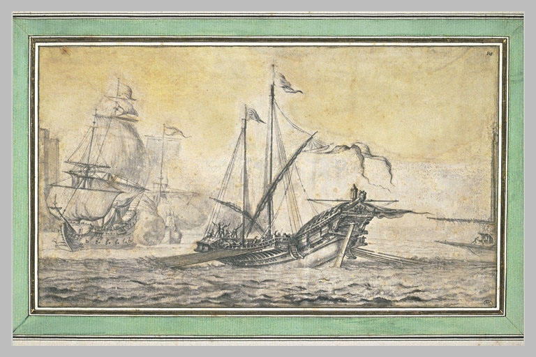 Galère et deux vaisseaux sur voile_0