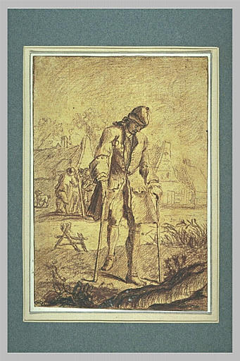 Homme marchant avec une béquille et un bâton_0