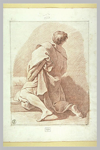 Jeune homme drapé, agenouillé, de dos, portant un livre_0