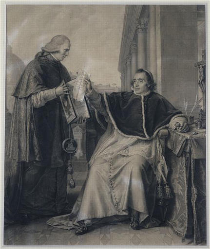 Signature du concordat par le pape Pie VII, le quinze août 1801 ; Signature du Concordat entre la France et le Saint-Siège, par le pape Pie VII, le 15 août 1801 (le cardinal Consalvi recevant du Pape la ratification du Concordat) (autre titre)_0
