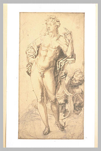 Apollon nu, debout, accoudé sur une lyre et une autre figure_0