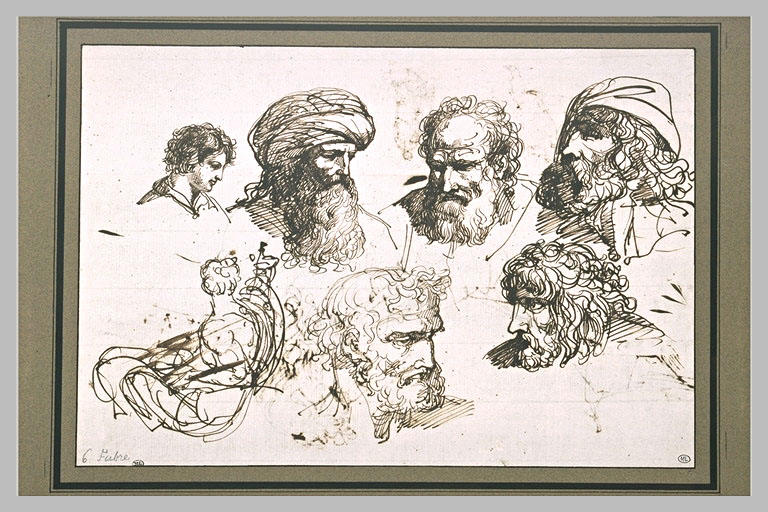 Six étude de têtes d'hommes et une étude d'homme vu de dos_0