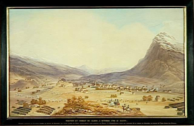 Position et combat de Glaris le 5 octobre 1799 au matin ; Position et combat de Glaris remporté par les troupes de Masséna sur les forces austro-russes commandées par le généralissime russe Suwaron, le 5 octobre 1799, au matin (autre titre), Siméon Fort, 1837