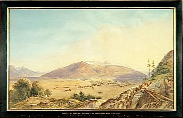 Combat du pont de Noeffels le 25 septembre 1799 vers midi ; Combat du Pont de Noeffels entre les troupes commandées par Jellachich et les forces austro-russes, 25 septembre 1799, vers midi (autre titre), Siméon Fort, 1837