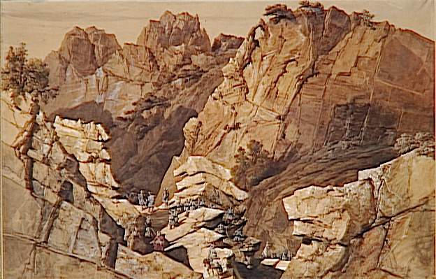 Vue générale des Bibans ou Portes-de-Fer le 28 octobre 1839 ; Passage de l'avant-garde composée de tirailleurs du 17e Léger et des Spahis de Constantine de la 1ère muraille des Portes de Fer dans les gorges de la chaîne des 'Biban' prés de Constantine, le 28 octobre 1839 (autre titre), Siméon Fort, 19e siècle