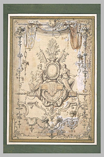 Deux figures allégoriques soutenant un médaillon entourées d'arabesques_0