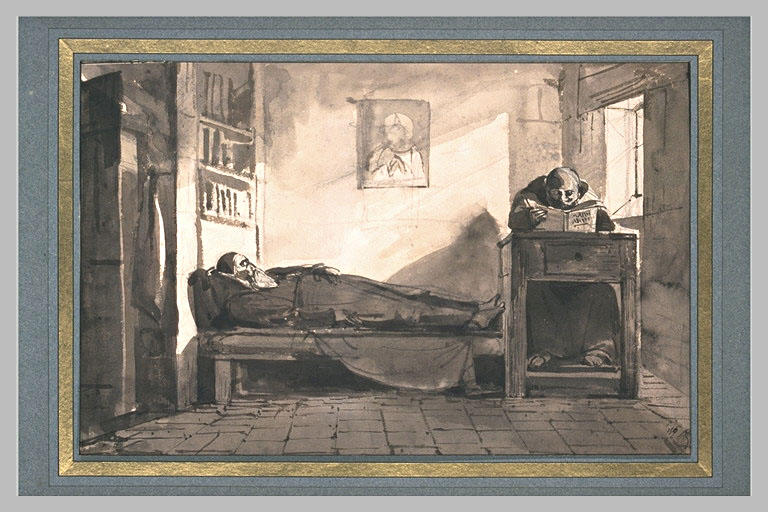 Un capucin dormant sur son lit et un moine lisant près d'une fenêtre_0