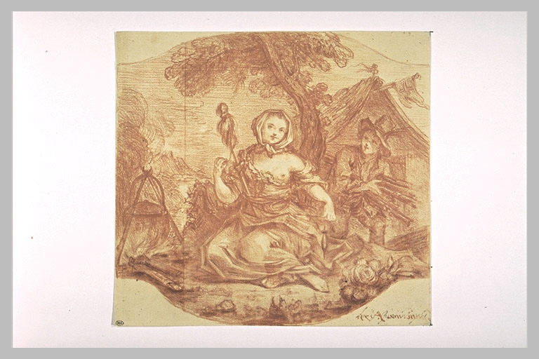 Femme, légèrement devêtue, tenant fuseau et quenouille, sous un arbre_0