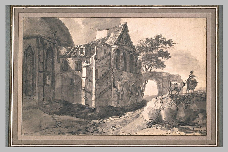 Vue d'une église gothique, avec deux vaches et une paysanne_0