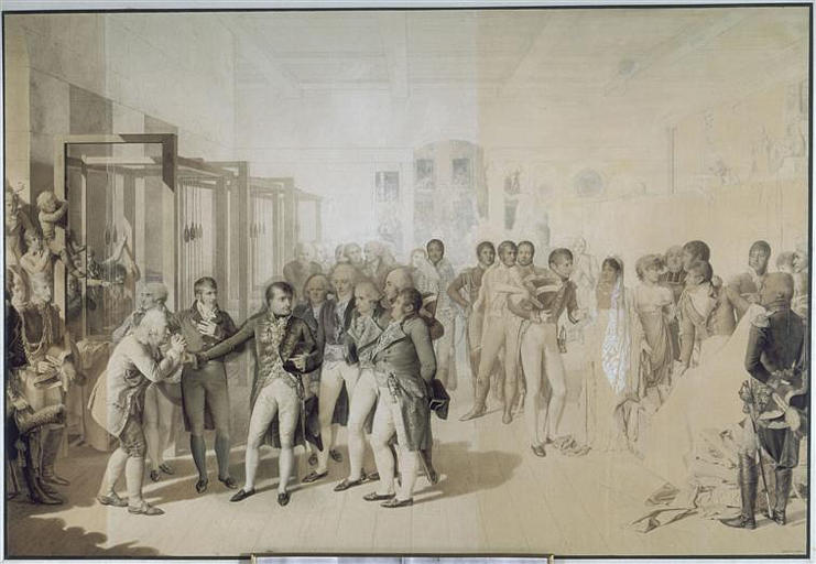 Napoléon visitant la manufacture des frères Sévène à Rouen, novembre 1802 ; Bonaparte, 1er Consul, en présence de Joséphine, visite la manufacture des frères Sévène à Rouen, en novembre 1802 (autre titre), Jean-Baptiste Isabey, 4e quart 18e siècle, 1ère moitié 19e siècle