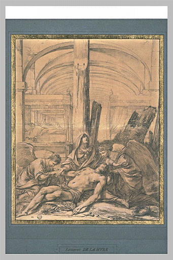 Vierge de Pitié entourée de deux anges au pied de la Croix devant un hôpital_0