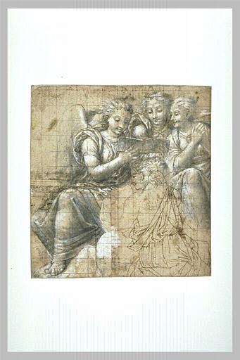 Une jeune fille à genoux devant trois anges lisant_0