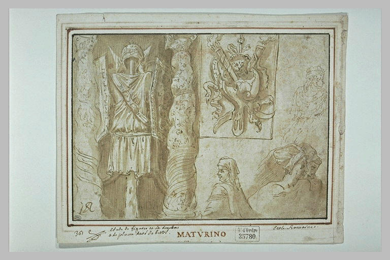Trophées ; demi-figure de femme, de dos ; trois bustes de femme de profil_0