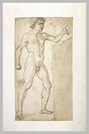 Homme nu debout, vu de trois-quarts et tendant le bras gauche_0