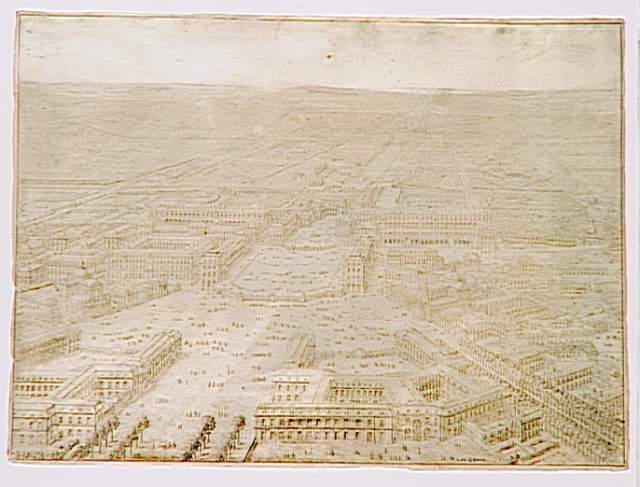 Vue du château et d'une partie de la ville de Versailles ; Vue à vol d'oiseau du château de Versailles prise du côté de la ville - Projet pour la construction de deux églises donnant sur la Place d'Armes (autre titre), Lievin Cruyl, 1684